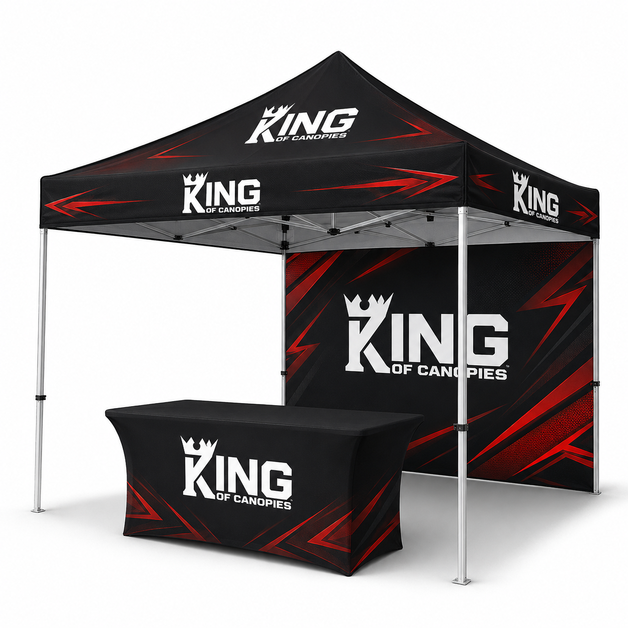 King of Canopies custom branded canopy tent, table cover and feather flag display